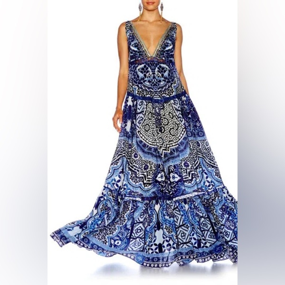 Silk V Neck Long Dress in Under The Medina Moon Camilla